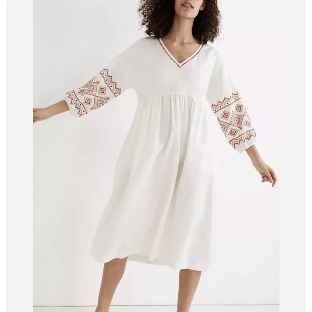Madewell White Popover Midi Dress with Embroidered Sleeves